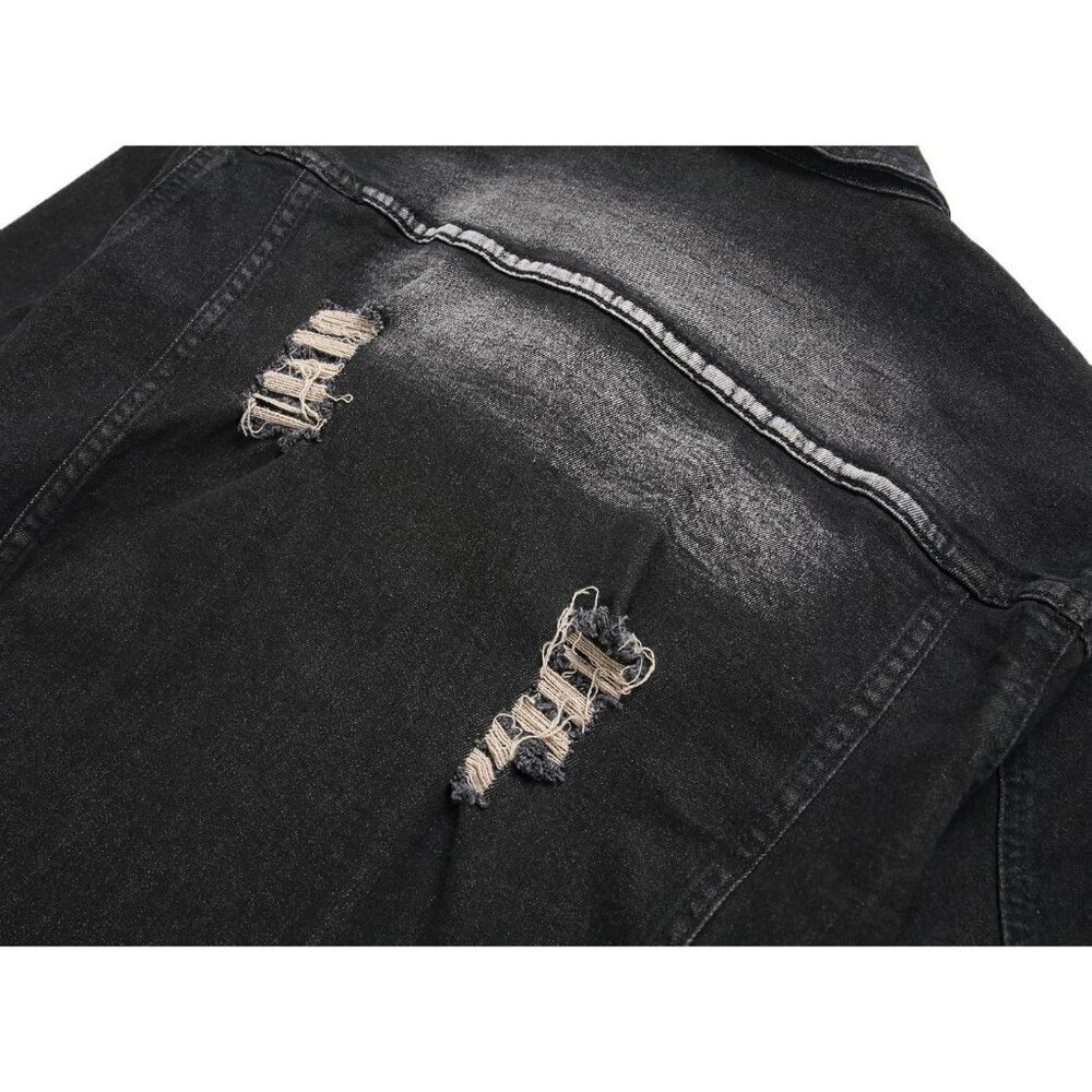 Men's Jean Jacket Distressed Slim Denim Jacket Long Sleeve Button Down Black7013 - Picture 8 of 9